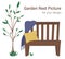 Vector illustration of garden bench with plaid, cushion, hat near the tree. Place for rest after garden work. Post gardening