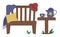 Vector illustration of garden bench with plaid, cushion, hat, table with teapot and cup. Place for rest after garden work. Post