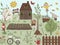 Vector illustration of garden with tools, flowers, herbs, plants. Flat spring scene with a farm or country house with trees, bench