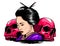 Vector illustration of geisha skull with vintage tattoo design style and japan traditional kanji words means strength