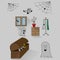 Vector illustration ghosts in the amount of seven pieces hide and seek in a room with a chest of drawers, a hanger, a chest and a