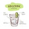 Vector illustration of gin and tonic cocktail recipe with proportions of ingredients.