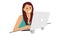 Vector illustration of a girl at a desk on which stands a laptop