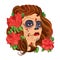 Vector illustration of girl face with Sugar skull or Calavera Catrina makeup and red roses isolated on white.