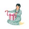 Vector illustration of a girl unpacking a Christmas gift