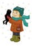 Vector illustration of a girl in winter clothes holding a black cat. Rejoice, laugh, snowflakes fall. Holiday card, happy new year