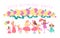 Vector illustration of girls birthday party happy characters celebrating with bd garland, decor elements isolated on white backgro