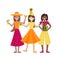 Vector illustration with girls and fruits.Three multinational girls dancing in a cartoon style. For the design of eco festivals,