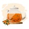 Vector illustration of a glass transparent teapot with sea buckthorn tea. On a transparent background.