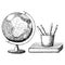 Vector illustration. Globe, book, pencils black and white hand-drawn sketch. Line art