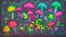 Vector illustration of glowing colorful mushroom in neon background for wallpaper, story book cover page, poster and banner