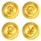 Vector illustration of gold coins with 4 major currencies. Dollar, Euro, Pound sterling, Yuan or Yen. Editable