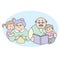 Vector illustration of a grandmother and grandfather with her grandchildren, an elderly lady knitting, an elderly man reading a bo