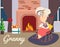 Vector illustration of granny sitting in armchair near fireplace