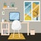 Vector illustration. Graphic design of a workspace in a modern style. Designer room with window. The time of year is autumn.