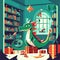 Vector illustration of a green dragon in a room with bookshelves and christmas decorations AI Generated