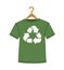 Vector illustration of green recycling t-shirt with clothes hanger, recycle symbol isolated on white background - sustainable