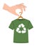 Vector illustration of green recycling t-shirt with hand holding clothes hanger, recycle symbol isolated on white background -
