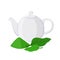 Vector illustration of green tea - asian drink. Teapot, leaves of matcha tea, teakettle