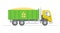 Vector Illustration Of Green And Yellow Tipper With Driver Character. Linear Cartoon Composition On White Background