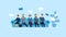 Vector Illustration With Group Of Candidates In Office Outfits Sitting On Sofa At Reception Waiting And Chatting