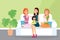 Vector illustration of group of mothers with their children. Young women friends sitting together on a sofa and talking