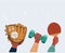Vector illustration of group of sport equipment in human hands. Object on white background. Baseball, dumbel, ping pong