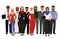 Vector illustration of groupe arab man and woman business people standing together in traditional islamic clothes on