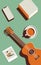 Vector illustration of a guitar and other items on a mint green background. Minimalistic illustration in trendy colors