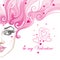 Vector illustration of half dotted beautiful girl face with hearts and pink curly hair isolated on white.