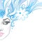 Vector illustration of half dotted beautiful girl face with snowflake and blue curly hair isolated on white.