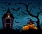 Vector illustration of Halloween background with silhouettes of pumpkins and terrible house or castle in the cemetery on