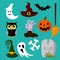 Vector illustration of a Halloween element owl, hat, grave, broom, ghost. Halloween party sign and icon collection