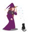 vector illustration of halloween the witch casts a spell on a black cat.