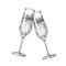 Vector illustration of hand drawing two clinking champagne glasses