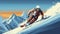 vector illustration, hand drawn , Advanced skier slides near mountain downhill. Sports descent on skis in mountains hills.