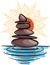 Vector illustration of hand drawn cartooon sketch Balance stones on water at sunset with orange sun and mandala