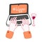 Vector illustration of Hand drawn, doodle flat lay blogger laptop with hands. Workspace with wine. Writing concept. Side view.