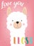 Vector illustration of a hand-drawn llama or alpaca with an inscription Love you lost. Image on South American themes for children