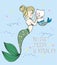 Vector illustration of hand drawn mermaid kissing mermaid cat, cute cartoon card with fairy tale marine characters, school of