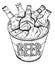 Vector illustration of hand drawn sketch bucket with beer and ice. Oktoberfest, festival, pub, bottle, drinks.