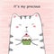 Vector illustration of hand drawn sketch cartoon white cat hugs muffin on scratched grunge pink background