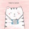 Vector illustration of hand drawn sketch crtoon white cat hugs his photo camera on scratched grunge pink background peeking out