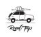 Vector illustration: Hand drawn travel retro car with baggage and surfboard on the roof. lettering of Road Trip.