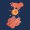 Vector illustration of hand gives gold coin to open hand. Alms and small salary concept over dark backround