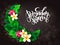 Vector illustration of hand lettering greetings text - ramadan kareem with plumeria flower, aralia leaves in hape of
