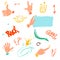 Vector illustration of hand motions icons set. Movements such as sign hi, cool and rock, choice, holds a tablet, super sign and a