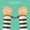 Vector illustration handcuffs on hands of prisoner. Arrested criminal man in handcuffs flat style illustration. A crime, arrest,