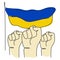 Vector Illustration with hands, fist, Ukrainian flag in tradition colors. Vector illustration global politics, NO WAR