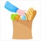 Vector illustration. Hands holding paper eco bag with grocery shopping. Healthy food in a bag, bread, lettuce, water and